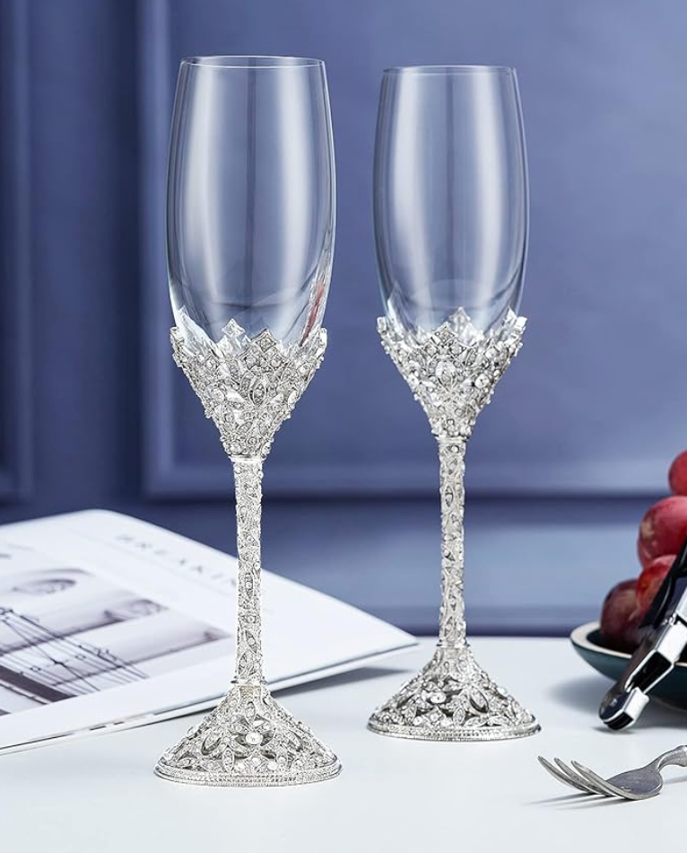 Silver Rhinestone Champagne Glasses